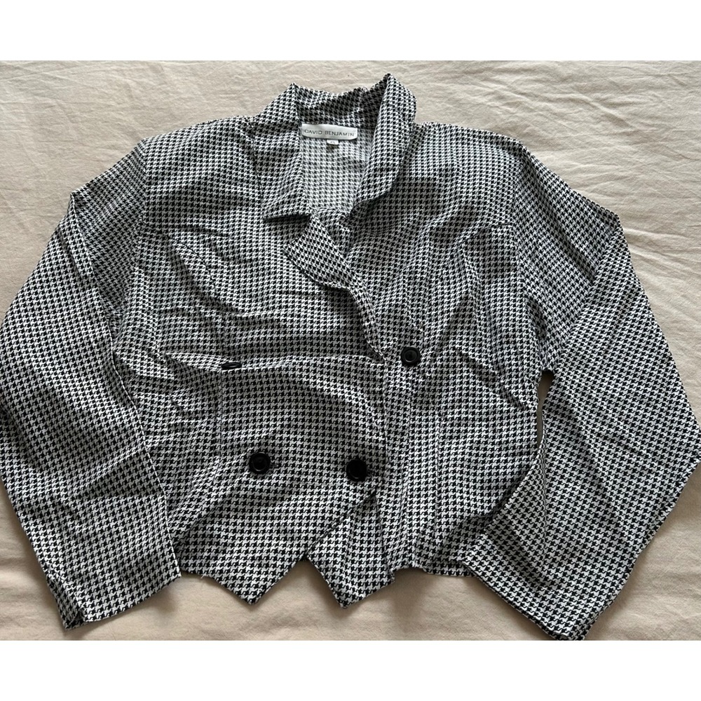 David Benjamin Houndstooth Cropped Blazer Jacket Black White Small Double Breast